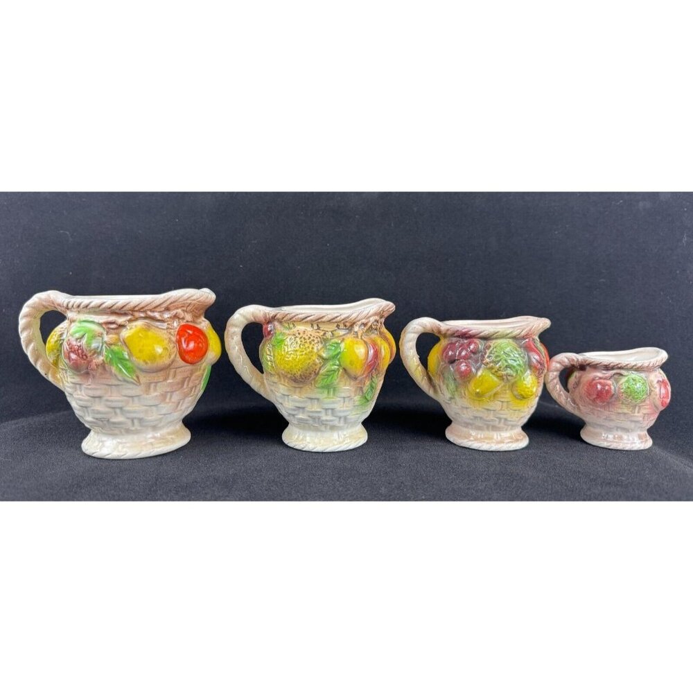 Vintage Ceramic Fruit-Themed Measuring Cup Set Hand-Painted Japan Basket Weave - Picture 3 of 10